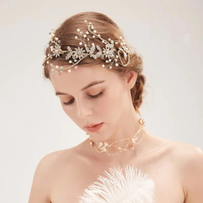 Rhinestone Pearl Bridal Headband And Necklace Wedding Hair Accessories Jewelry - Image 1 of 4