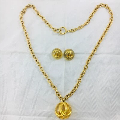 CHANEL 1986 Gold Tone CC Clear Resin Ball Chain Necklace & Clip On Earrings - Image 1 of 4