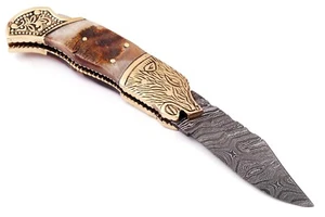 Custom HandMade Forged Damascus Steel Folding Pocket Knife w Leather Sheath 631 - Picture 1 of 3