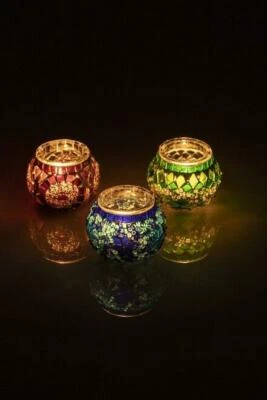 Ecru Green Blue Mosaic Candleholder Set (Set of 3) - Image 1 of 3