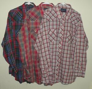 Lot 3 Wrangler Men's 19-37 3XL LS Western Pearl Snap Shirts Red Plaid XL Tails