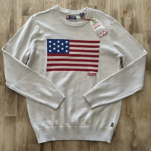 Chaps American Flag Sweater Cream Heavy Knit Polo USA July 4th Mens Size L - Picture 1 of 5