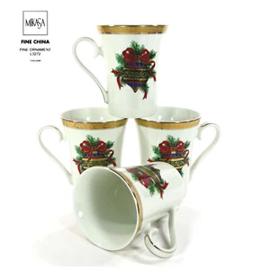 Mikasa PINE ORNAMENT - GOLD 10oz Mug Set 4Pc Christmas Green Blue Mint L3272 - Picture 1 of 12