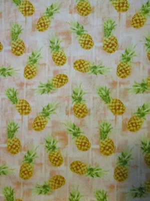 PINEAPPLES PINEAPPLE TROPICAL YELLOW ORGE GREEN WHITE TAN COTTON FABRIC FQ - Image 1 of 4