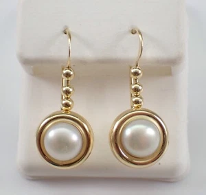 Vintage Estate 14K Yellow Gold Pearl Drop Earrings June Birthstone Kidney Wire - Picture 1 of 6