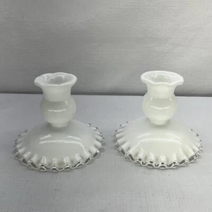 Vtg FENTON 2x Silver Crest White Milk Glass Candlestick Holders Pair 3.5" - Picture 1 of 6