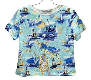 Keneth Too! Sail Miranda Ocean Shoulder Pad T-Shirt Womens Large NEW - Picture 1 of 2