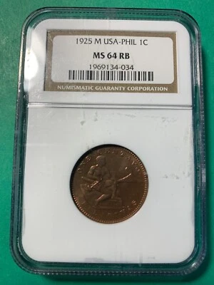 US PHILIPPINES 1925-M ONE CENTAVO NGC MS 64 RB - Image 1 of 4