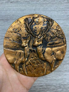 Vintage Plate Brass Small Hand Carved Two Deer Decor 4" ART Rare copper Circle - Picture 1 of 10