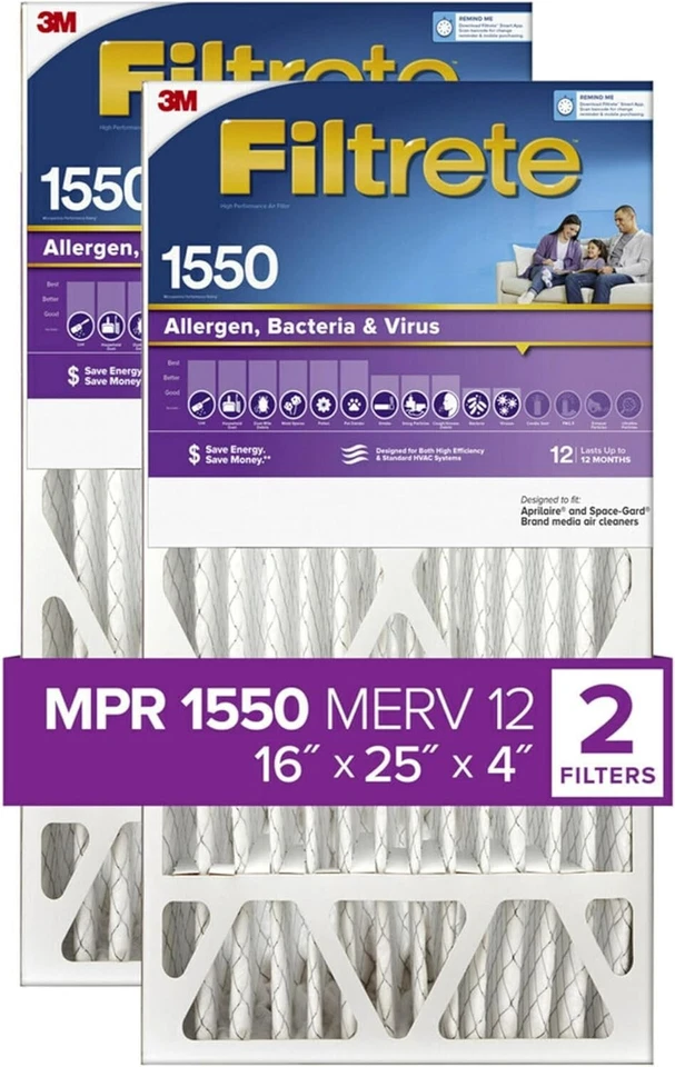 3M Filtrete 16x25x4 Air Filter, MPR 1550, MERV 12 - 2 Filters - Image 1 of 3
