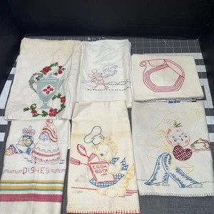 Lot Of 6 vintage embroidered tea towels dish towels - Picture 1 of 5