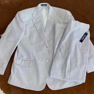 Haspel Seersucker Suit Two Piece Blue Stripes 44 S Jacket Pants 34W/30L - Picture 1 of 14