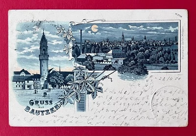 Mondschein Litho AK BAUTZEN 1900 Reichenturm und Stadtansicht     ( 166552 - Bild 1 von 2