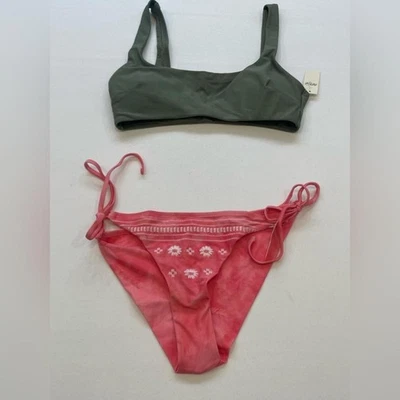 NEW! Aerie medium bikini Green scoop bra top + floral cheeky pink boho bottom - Image 1 of 4