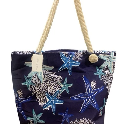 Mia & Tess Blue Nautical Coastal Lined Tote Beach Bag Purse Thick Rope Handles - Image 1 of 4