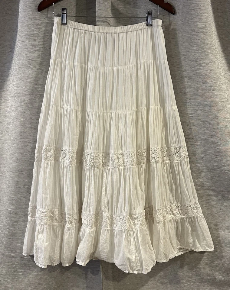 Chico’s Women’s White Lace Tiered Maxi Boho Peasant Skirt Ruffle Crochet Size 0 - Image 1 of 4