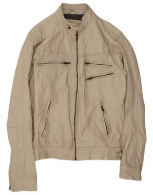 JACK & JONES Mens Leather Biker Jacket UK 40 Large Beige Leather BV02 - Image 1 of 4