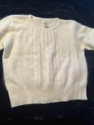 Suéter difuso vintage cor creme manga curta lã angorá fios grandes anos 80 - Imagem 1 de 4