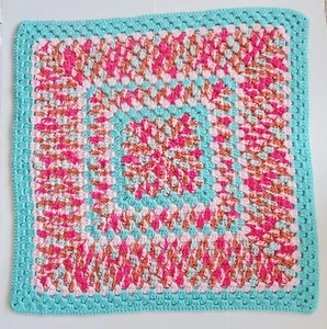 Crocheted Handmade Baby Stroller Blanket Afghan 25" x 25" Teal Magenta Pink - Picture 1 of 8