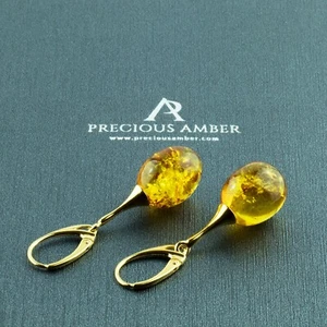 Cognac Baltic Amber Gold Gemstone Long Large Olive Earrings Women's Lever back  - Imagen 1 de 4