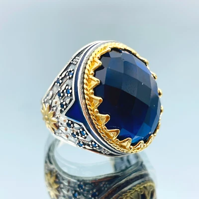 Anillo de zafiro azul simulado para hombre anillo de plata de ley 925 estilo otomano regalo Foto 1 de 4