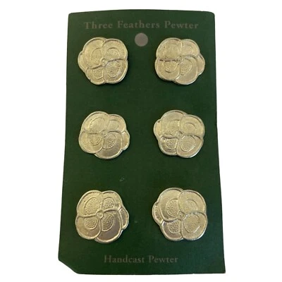 VTG Set of 6 Three Feathers Handcast Fine Pewter Buttons Flower Reenactment - Image 1 of 4