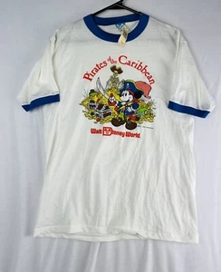 VTG Walt Disney World Pirates of the Caribbean SZ L Ringer T Shirt Mickey NWT - Picture 1 of 10