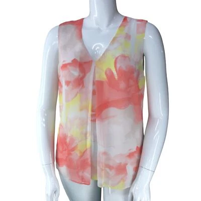 Camiseta sin mangas Joan Vass Studio para mujer talla L rosa amarillo floral cuello en V  Foto 1 de 4