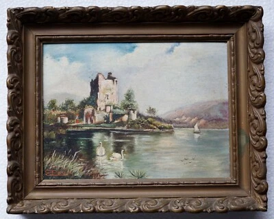 Antigua pequeña pintura al óleo de paisaje enmarcada #castillo_cisnes_lago_montañas_barco Foto 1 de 4
