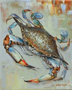 8x10 Crab Original Stretched Canvas Oil Painting Wall Art Work - Picture 1 of 6