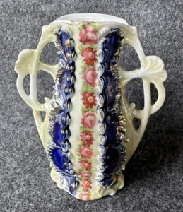Schöne antike Vintage Porzellan 5 Zoll Bud Vase Deutschland blau rosa vergoldete Blumenmuster - Bild 1 von 19