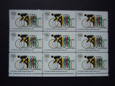 #1460 6c 1972 Olympic Games Red Ring Error Block of 9  MNH OG VF - Image 1 of 2