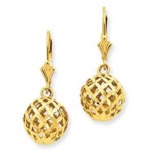 14k Yellow Gold Polished & D/C Mesh Ball Dangle Leverback Earrings K118 - Photo 1/1