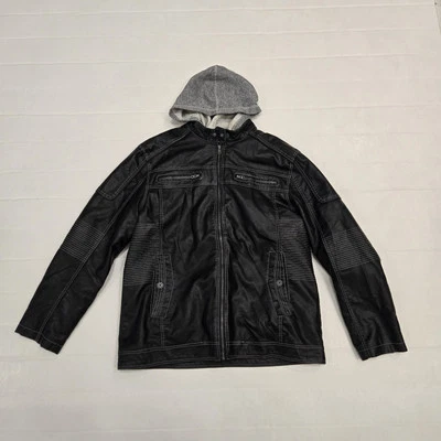 Buckle Black Faux Leather Jacket Zip Hoodie Mens XXL 2 In 1 2fer Motorcycle 2XL - Image 1 of 4