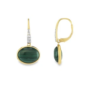 9ct Yellow Gold Oval Malachite and Diamond Earrings - Picture 1 of 4