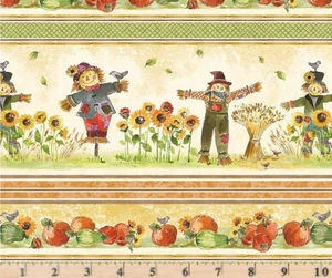 Pumpkin Farm Scarecrow Border Stripe Cotton Fabric CX10977 By the Half Yard - Picture 1 of 1