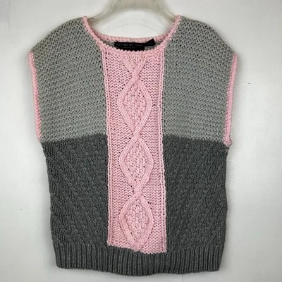 Suéter Chaleco Top Mujer L Grueso Gris Rosa Tejido Años 80 Tejido a Mano Retro Foto 1 de 4