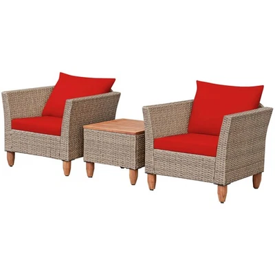 Patiojoy 3PCS Outdoor Rattan Bistro Furniture Set Wood Tabletop Cushioned Sofa - Image 1 of 4