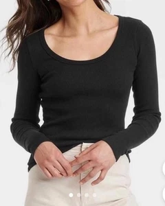 Women’s Universal Thread Long Sleeve Scoop Neck Ribbed Knit Top Black L - Picture 1 of 6
