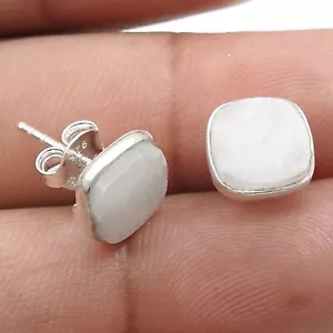 Rainbow Moonstone Stone Bezel Boho Stud Trendy Earrings Jewelry 925 Solid Silver - Picture 1 of 8