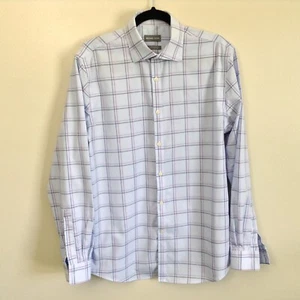 MICHAEL KORS Reg Fit Airsoft Cotton Men's 16 34/35 Blue Check LS Dress Shirt - Picture 1 of 5