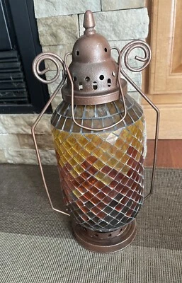 Linterna de Metal Perforado Rústica Naranja Rojo Marrón Corte Vidrio Globo 14.5" Lámpara de Otoño Foto 1 de 4