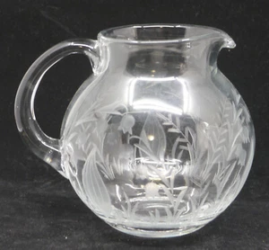 BEAUTIFUL VINTAGE HAND BLOWN GLASS PITCHER w LILY OF VALLEY CUT, ETCHED DESIGN - Picture 1 of 9