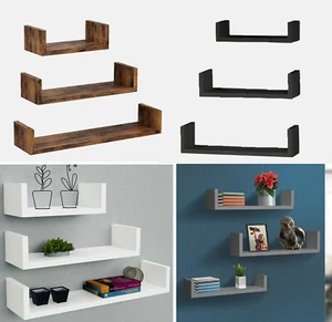 U Shaped Floating Shelve Wall Mounted Display Set Of 3 Wooden Storage Shelf Unit - Picture 1 of 17