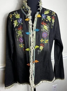 Women's Don’t Mess With Texas Denim Jacket with Colorful Embroidery Trim - L - Picture 1 of 11