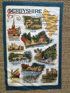 VINTAGE 1970s Vista DERBYSHIRE cotton tea towel souvenir UK county UNUSED - Picture 1 of 7