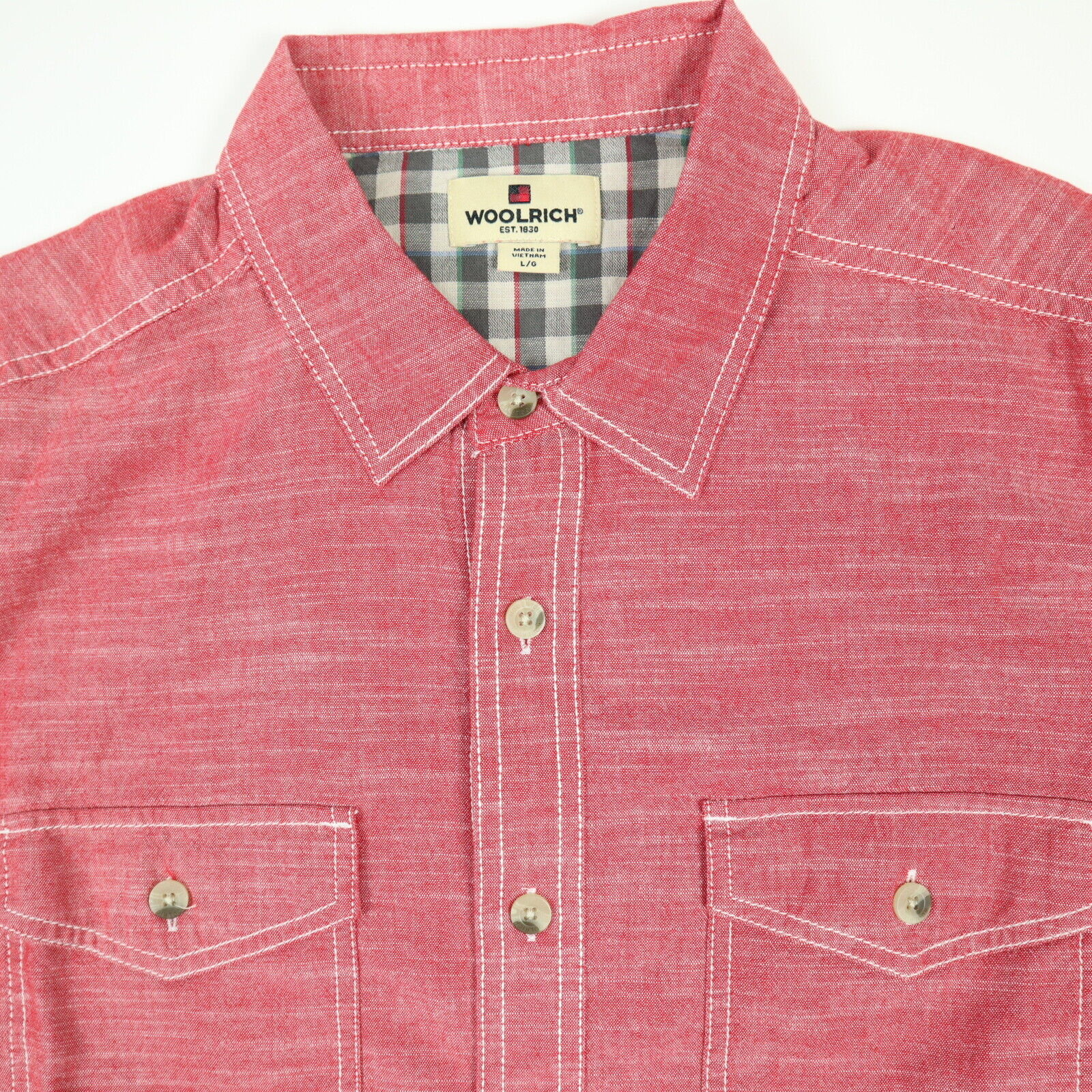 Woolrich Chambray Heritage Work Shirt Mens size LARGE Red Short 