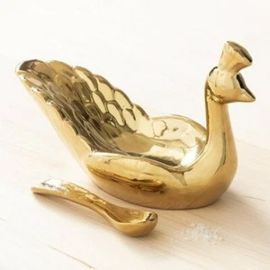 Hermoso CUENCO DE PAVO REAL DORADO CON CUCHARA - Imagen 1 de 1