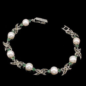 Round Creamy White Pearl 6mm Emerald Marcasite 925 Sterling Silver Bracelet 7