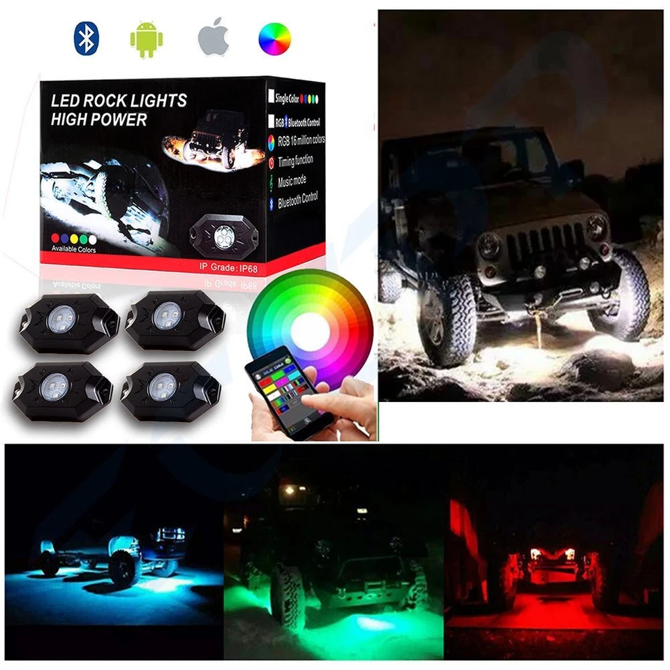 ECCPP 4 cápsulas RGB LED luz de rock música todoterreno inalámbrico Bluetooth control ATV Jeep Foto 1 de 4